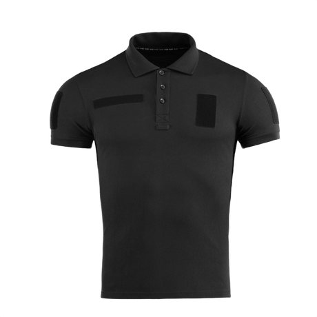 M-Tac Tactical Polo Shirt 65/35 i sort med velcro-paneler. Perfekt til politi og sikkerhedsarbejde med komfort og holdbarhed.