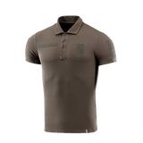 M-Tac Tactical Polo Shirt 65/35 i brun med velcro-paneler til patches, ideel til politi og sikkerhedsarbejde, lavet af bomuld og polyester.