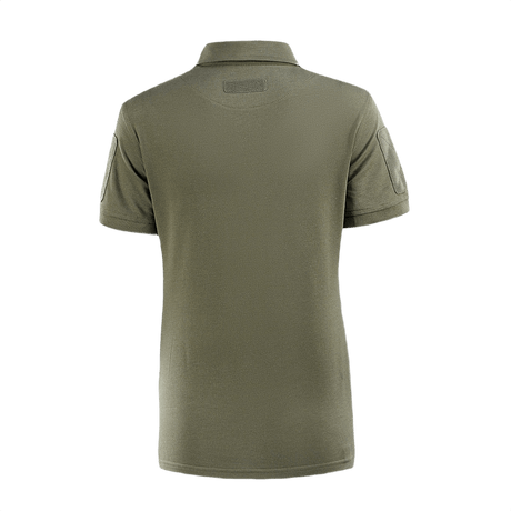 M-Tac Tactical Polo-Shirt 65/35 Lady i olivenfarve, bagfra med velcro på ærmerne. Komfortabel og slidstærk bomulds-polyester blanding.