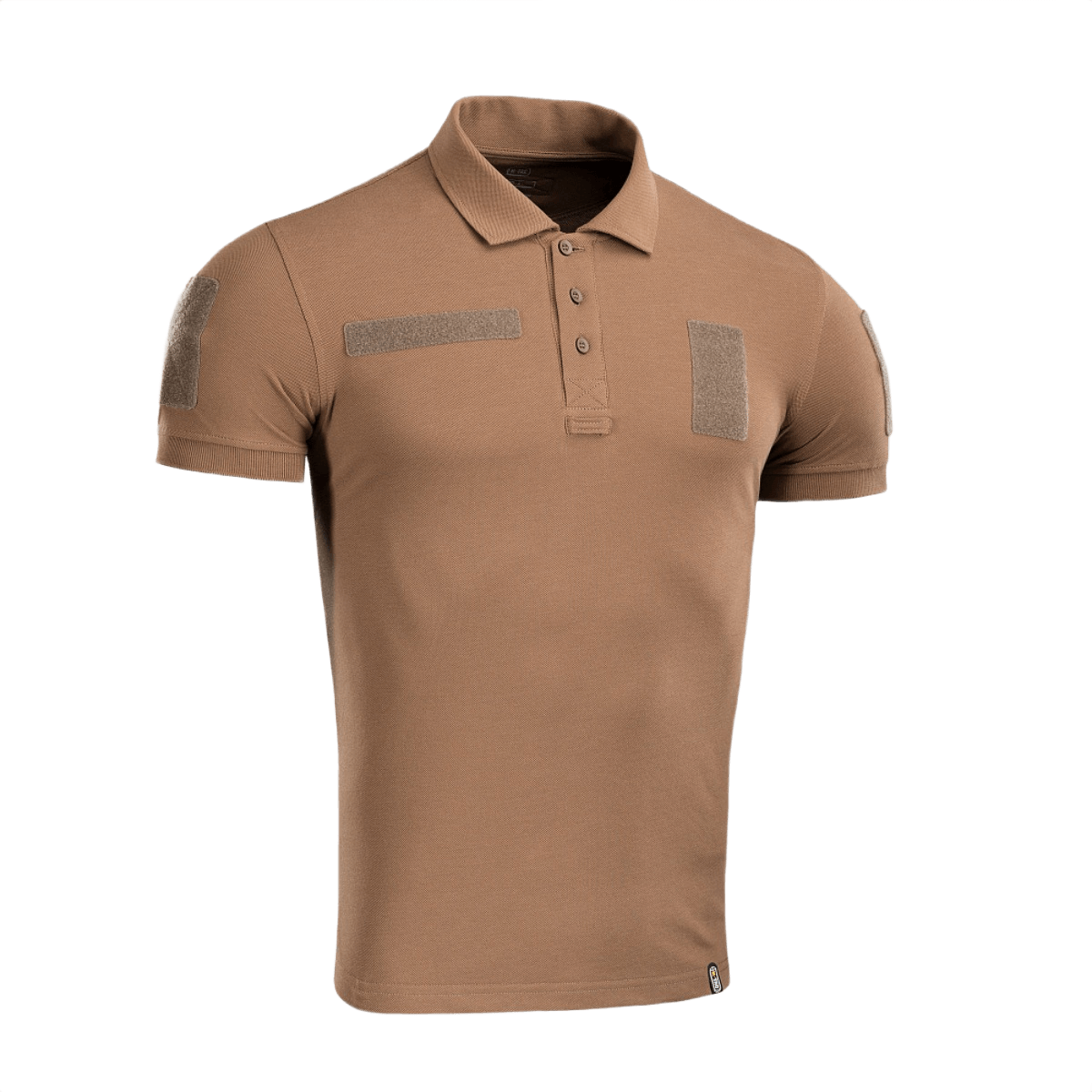 M-Tac Tactical Polo Shirt 65/35 i brun med velcro-paneler til sikkerhedsarbejde, lavet af bomuld-polyester for komfort og holdbarhed.
