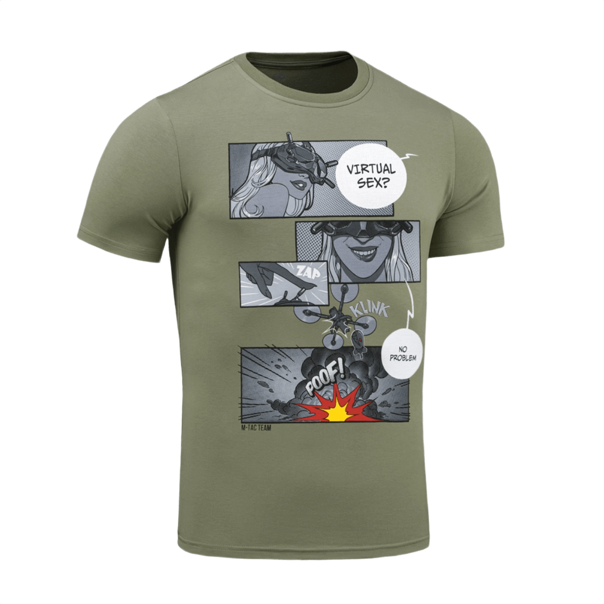M-Tac T-Shirt Comics Drone Girl i olivenfarve med detaljeret droneoperatør comic-print, lavet af 93% bomuld og 7% elastan.