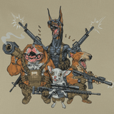 Illustration af M-Tac T-Shirt Rex Team med hunde i kampudstyr, symboliserer venskab og teamwork blandt skarpskytter.