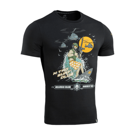 M-Tac T-Shirt Surf Club med specialstyrkesoldat på surfbræt i krigsfilmtema, 93% bomuld, 7% elastan, premium MagnaColours® tryk.