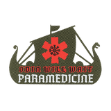 M-Tac Patch Viking Evac med teksten 'Odin Will Wait Paramedicine' i rød og hvid. Design indeholder et vikingeskib. Militær patch.
