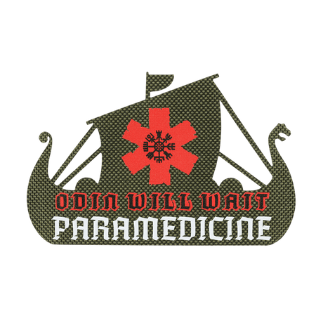 M-Tac Patch Viking Evac med teksten 'Odin Will Wait Paramedicine' i rød og hvid. Design indeholder et vikingeskib. Militær patch.