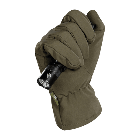 M-Tac Vinterhandsker Soft Shell i olivengrøn farve med lommelygte, ideel til udendørs brug i dårligt vejr, ergonomisk design.