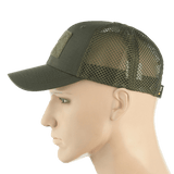 M-Tac Mesh Flex Ripstop Baseball Cap med Velcro i olivengrøn med netpaneler for optimal ventilation og komfort, set fra siden på mannequin.