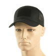 M-Tac Mesh Flex Ripstop Baseball Cap med Velcro på mannequin, sort med mesh-paneler, perfekt til sommer og taktisk brug, justerbar størrelse.