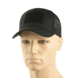 M-Tac Mesh Flex Ripstop Baseball Cap med Velcro på mannequin, sort med mesh-paneler, perfekt til sommer og taktisk brug, justerbar størrelse.