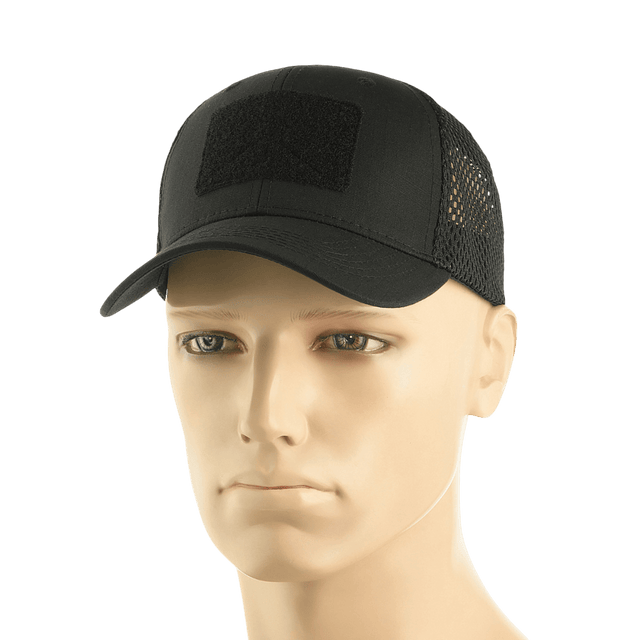 M-Tac Mesh Flex Ripstop Baseball Cap med Velcro på mannequin, sort med mesh-paneler, perfekt til sommer og taktisk brug, justerbar størrelse.