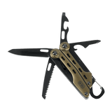 M-Tac Multiværktøj Type 5 åbnet til visning af værktøjer til udendørs aktiviteter lavet af rustfrit stål.