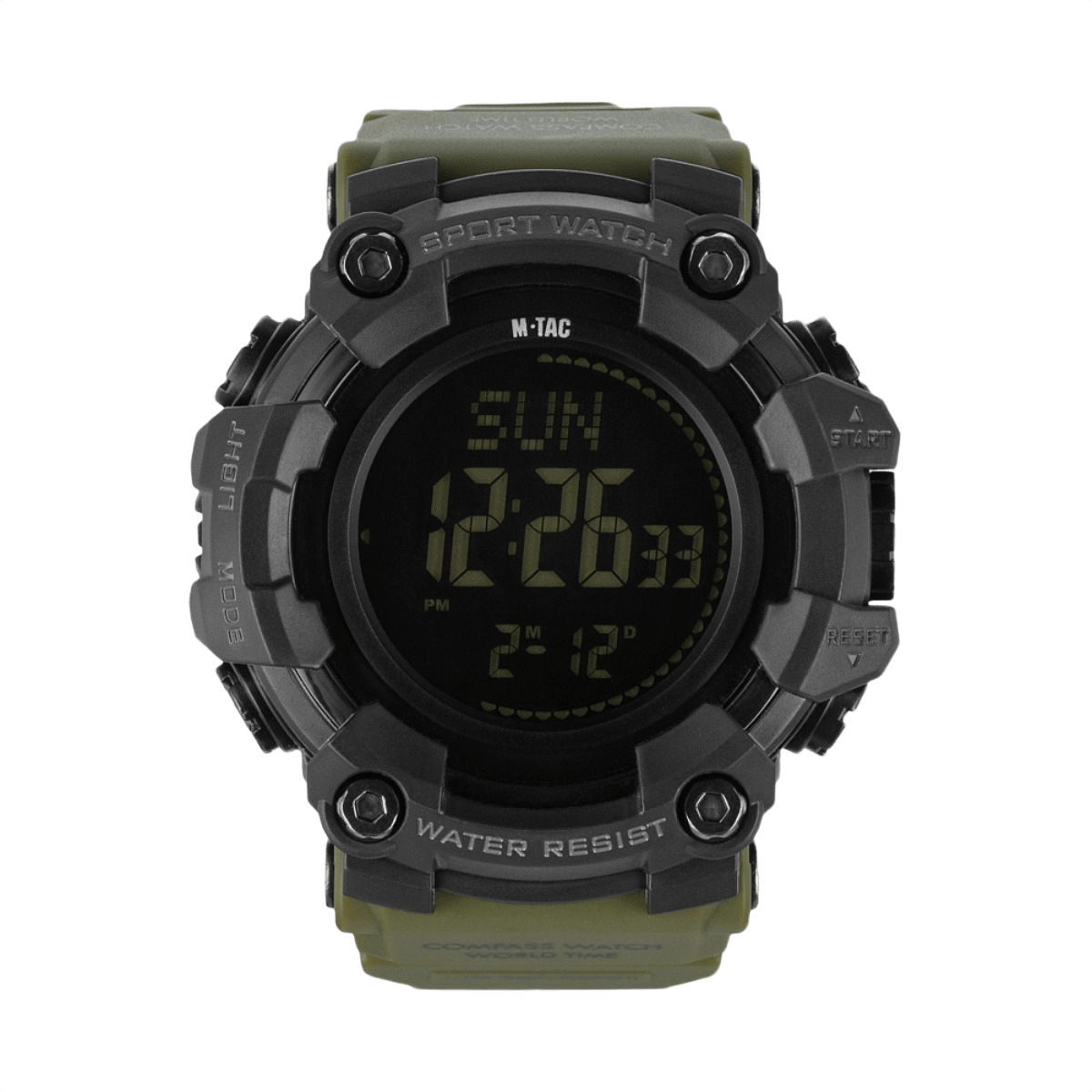 M-Tac Tactical Ur 2037 med LED-baggrundsbelysning, kompas og robust design i ABS-plast, ideel til taktisk og outdoor brug, vandtæt 5ATM.