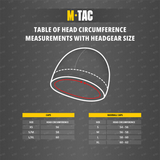 Størrelsestabel for hovedmål og hjelmhue størrelser fra M-Tac Fleece Rip-Stop Hjelmhue Gen.II