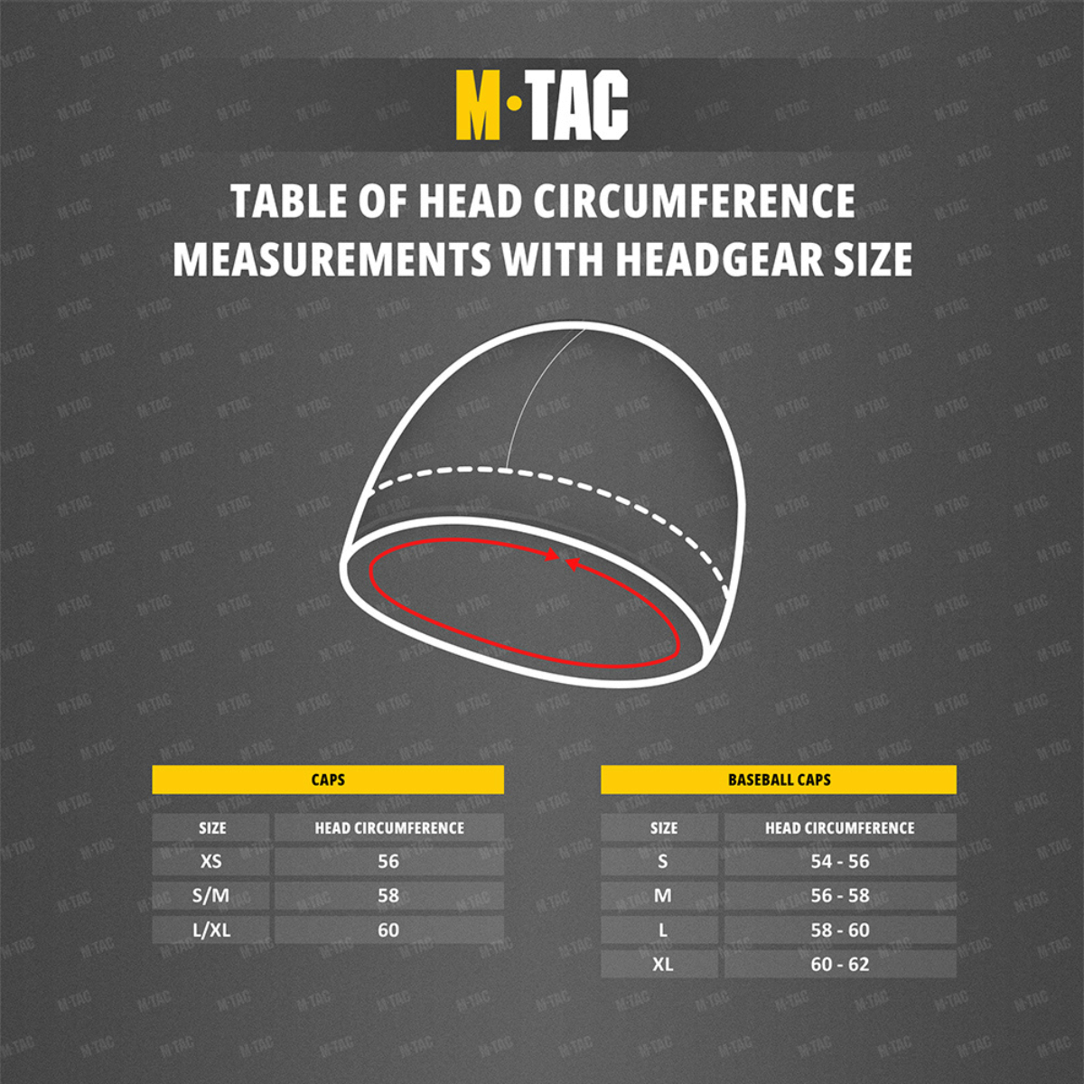 Størrelsestabel for hovedmål og hjelmhue størrelser fra M-Tac Fleece Rip-Stop Hjelmhue Gen.II