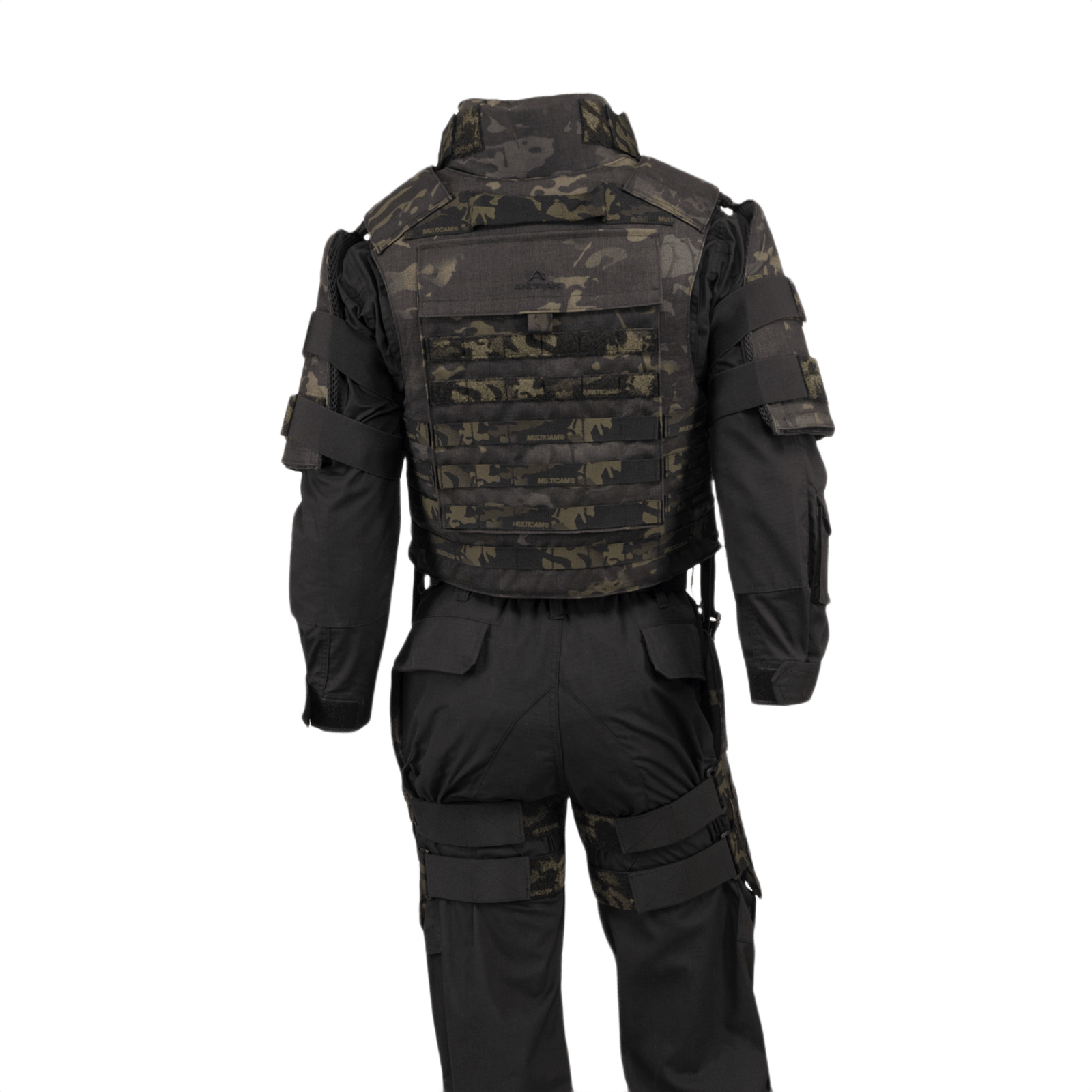 Anorak Niobium® Tactical II – full set MultiCam® i komplet bagudvendt udsigt, der fremviser alsidigt kropspanser-design til politistyrker.