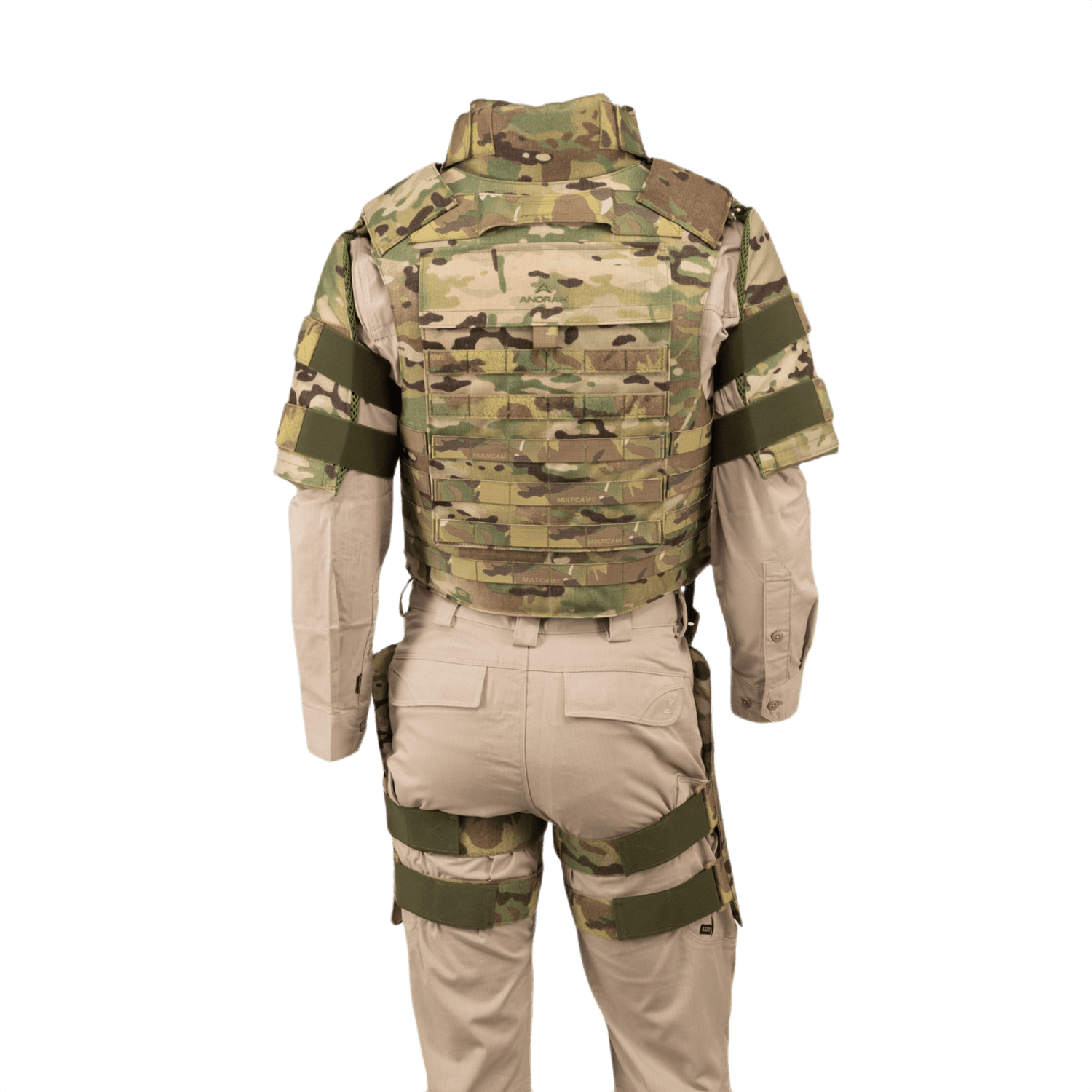 Anorak Niobium® Tactical II – full set MultiCam® set bagfra, der viser det lette og fleksible kropspanser-system til specialenheder.