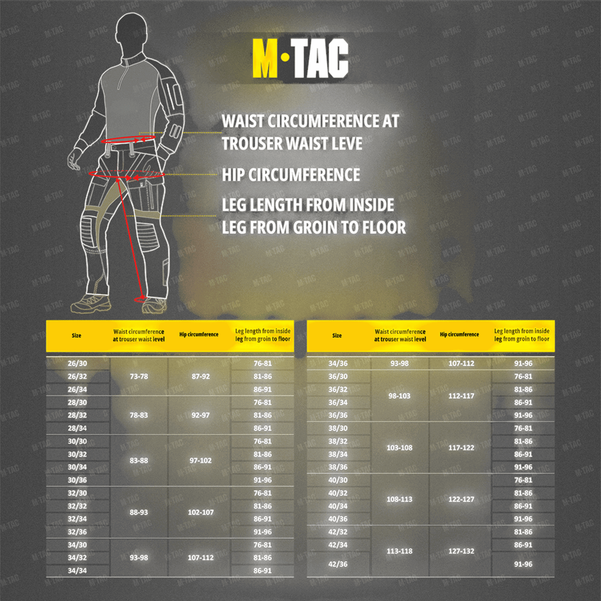 M-Tac Bukser Aggressor Elite NYCO taktiske målskema for talje, hofte og benlængde, gallery position 1 med tekniske målillustrationer.