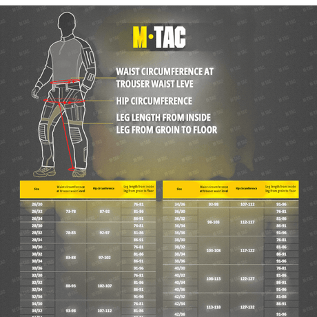 Størrelsesguide til M-Tac Feltjakke NYCO Extreme med kropsdiagram og måletabel på engelsk