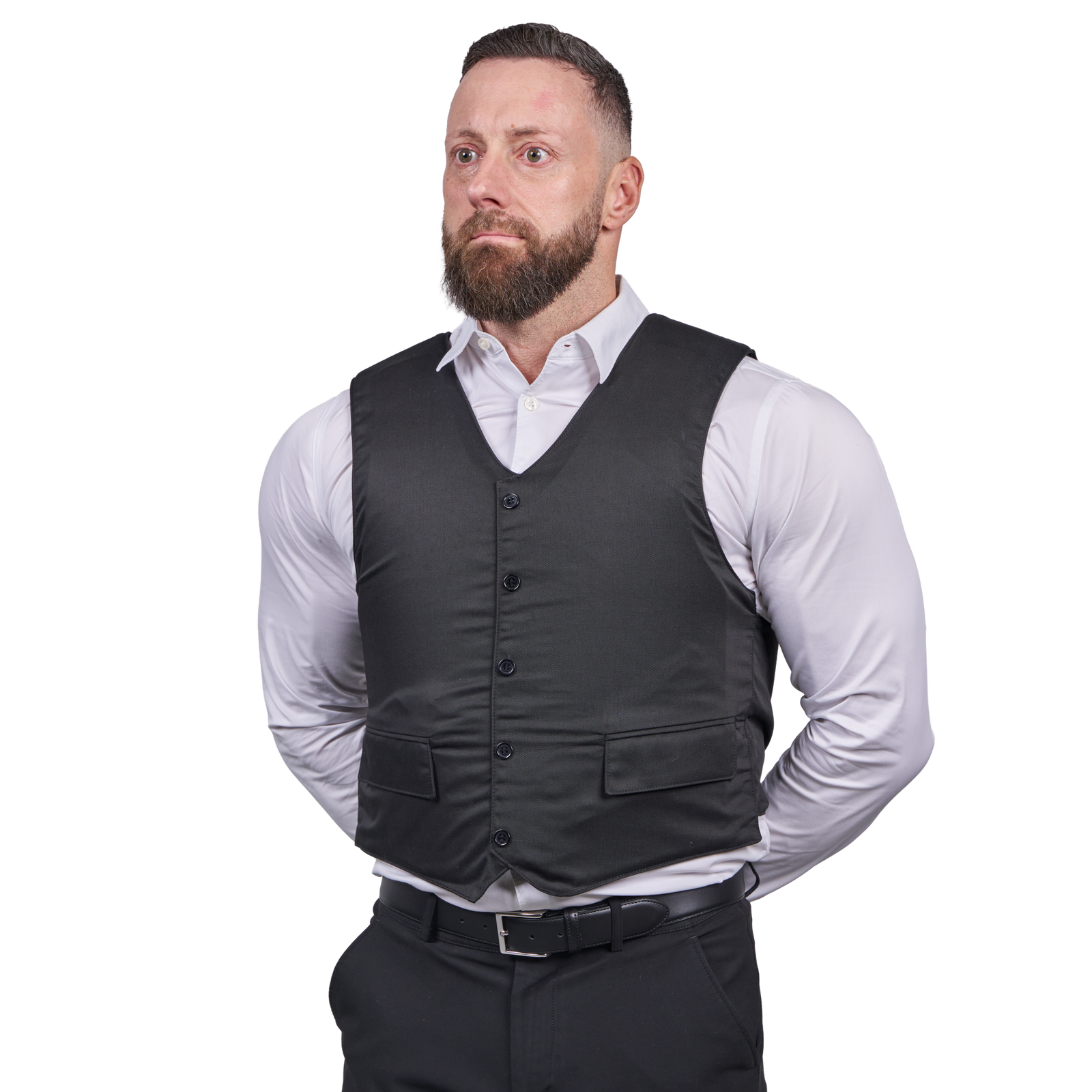 Mand iført Elite Armor VIP Stik & Skudsikker vest set forfra