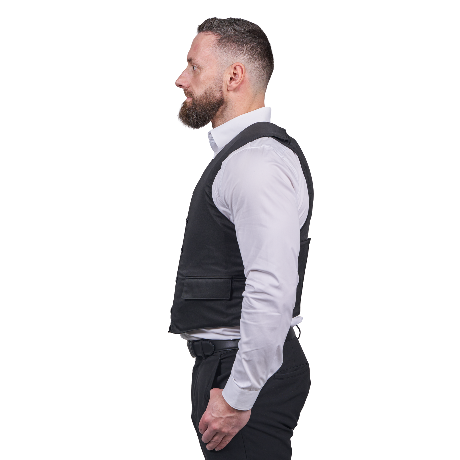 Mand iført Elite Armor VIP Stik & Skudsikker vest set i profil fra siden